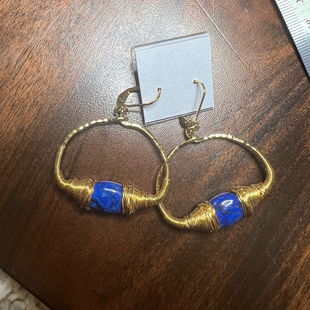 Double happiness DH lapis stone bead gold tone rope dangle earrings